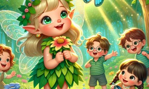 Lili, uma pequena fada com asas cintilantes e cabelos dourados, sorri alegremente segurando uma flor colorida, cercada de luz e magia. Ela usa um vestido verde feito de folhas e pétalas, e seu rosto expressa curiosidade e felicidade contagiante. Ao seu lado, um grupo de crianças, todas com expressões maravilhadas, observa uma linda borboleta azul que voa ao redor. Um menino de cabelos castanhos e óculos redondos aponta para a borboleta com um sorriso feliz, enquanto uma menina com tranças e vestido rosa segura um pequeno regador, pronta para regar as flores que acabaram de plantar. A cena acontece em uma floresta encantada, com grandes árvores verdes e flores coloridas no chão, criando um verdadeiro quadro de natureza viva. Raios de sol filtram pelas folhas, iluminando a paisagem com uma suave luz dourada. Lili e seus amigos estão plantando flores em um jardim que criaram, unindo forças para ajudar a natureza a prosperar, rindo e se encorajando mutuamente, cheios de entusiasmo e determinação para proteger o meio ambiente.