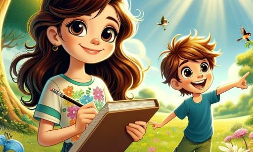 Uma menina de 12 anos, Ana, com longos cabelos castanhos e óculos redondos, expressa grande curiosidade e alegria. Ela usa uma camiseta colorida com um padrão de flores e um short jeans, segurando um caderno em uma mão e um lápis na outra, pronta para desenhar as maravilhas da natureza ao seu redor. Ao lado dela, Lucas, um garoto de 11 anos com cabelos castanhos bagunçados e um sorriso radiante, aponta para uma linda flor que acabou de descobrir. Ele veste uma camiseta azul e um short verde, e parece tão animado quanto Ana. O lugar é um parque verdejante, banhado por uma luz dourada, com árvores majestosas, flores coloridas e um céu azul salpicado de nuvens brancas. Pássaros cantam alegremente nos galhos, e um caminho de terra serpenteia pela grama. A cena principal mostra Ana e Lucas em plena exploração, cercados pela beleza da natureza, enquanto descobrem juntos tesouros escondidos, aprendendo a equilibrar seu tempo entre a tecnologia e o mundo real.