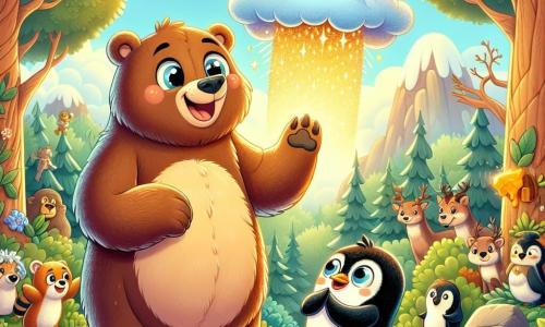 Un grande orso bruno, con occhi scintillanti di curiosità e un ampio sorriso sul volto, si trova al centro della scena, tenendo una nuvola di miele scintillante sopra la testa, irradiante di orgoglio ed eccitazione. Accanto a lui, un piccolo pinguino dalle piume bianche e nere, con uno sguardo ammirato e le ali aperte, applaude gioiosamente, in piedi su una pietra a destra dell'orso. Sullo sfondo, una foresta verdeggiante e soleggiata, piena di alberi maestosi con foglie brillanti, e animali della foresta riuniti attorno, tutti affascinati dalla scena, creando un'atmosfera festosa e gioiosa. La scena principale mostra l'orso e il pinguino che celebrano la loro vittoria nella sfida del "Gioco delle Nuvole", circondati da amici animali, tutti stupiti dalla magnifica nuvola di miele che fluttua nell'aria.