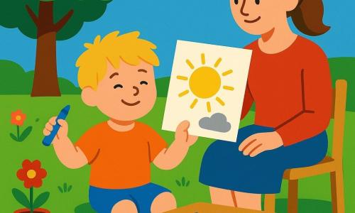 Een kalme, glimlachende jongen van 4 zit in het gras met rommelig blond haar, houdt een blauwe kleurpotlood en toont een groot vel met een felgele zon en een klein grijs wolkje; rechts van hem zit zijn moeder van ongeveer 30 met een zachte glimlach en opgestoken kastanjebruin haar op een klein houten stoeltje, hand op zijn schouder, liefdevol naar de tekening kijkend; voor hen een lage houten tafel met een omgevallen doos kleurpotloden, losse vellen en een pot rode bloemen; zomertuin met felgroen gazon, kleurrijke bloemen, een grote boom links die zachte schaduw werpt en een lichtblauwe lucht met een klein wit wolkje; de jongen houdt het afgewerkte werk omhoog alsof hij de zon uitnodigt, gouden licht breekt zacht achter het wolkje, eenvoudige vormen en grote kleurvlakken.