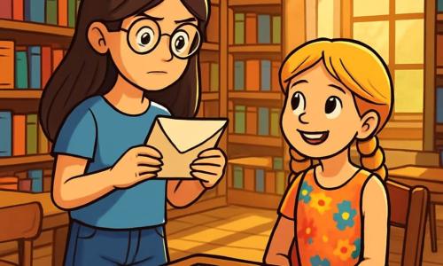 Er zijn 2 hoofdpersonages: - Emma: een 12-jarig meisje met lang bruin haar en ronde bril. Ze draagt een blauwe t-shirt en een spijkerbroekshort. Ze staat rechtop met een brief in haar handen, met een nieuwsgierige en vastberaden blik. - Sarah: een 12-jarig meisje met blonde vlechten en een kleurrijke bloemenjurk. Ze zit op een stoel, glimlachend, terwijl ze enthousiast naar Emma kijkt. De situatie speelt zich af in een oude bibliotheek, met grote houten planken vol boeken met kleurrijke covers. Het zonlicht valt door de ramen en creëert gouden patronen op de houten vloer. Houten tafels zijn rondom geplaatst, met open boeken en verspreide potloden. De hoofdactie van het verhaal toont Emma en Sarah, verdiept in het lezen van een boek over vrede, omringd door boeken en licht. Emma leest hardop met een geconcentreerde uitstraling, terwijl Sarah aandachtig luistert, met een glimlach op haar gezicht, wat hun vriendschap en verlangen om samen te leren symboliseert.