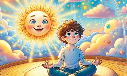 Un niño de 10 años, con cabello castaño y rizado, está sentado en posición de loto sobre una alfombra suave, su rostro irradia serenidad y curiosidad. Sus ojos brillan de asombro y una ligera sonrisa ilumina sus labios. A su lado, un rayo de sol sonriente, con forma humana y rasgos suaves, danza alegremente en el aire, proyectando destellos dorados a su alrededor. El lugar es un domo transparente, flotando en un cielo azul pastel, lleno de colores vivos que se reflejan en las paredes como olas de luz. Nubes esponjosas flotan suavemente afuera, mientras hojas doradas giran en la suave brisa. La escena principal muestra al niño y al rayo de sol en plena sesión de respiración, el niño inhalando profundamente, con los brazos abiertos, mientras el rayo de sol lo anima con destellos de luz cálida, creando una atmósfera de paz y bienestar.