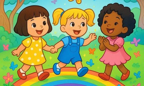 Tres niñas de 2 años: Ana, pelo castaño corto liso, vestido amarillo con lunares blancos, sonríe y sostiene la mano de Bea a la izquierda; Bea, rubia con coletas, lleva peto azul, en el centro extiende la mano hacia una mariposa; Carmen, morena con rizos, vestido rosa con volantes, aplaude a la derecha. Están cruzando tomadas de la mano un puente arcoíris sobre un pequeño río en un bosque mágico de troncos retorcidos y hojas pastel, pradera verde con mariposas coloridas como confeti. Escena alegre y aventurera: risas, mariposas revoloteando y destellos de luz multicolor, colores saturados, contornos suaves y expresiones ingenuas.