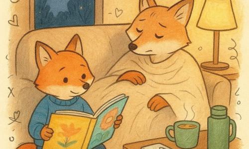 Fips, ein kleiner anthropomorpher roter Fuchs mit rundem Gesicht und sanften Augen, ruhig und aufmerksam, trägt einen blau geringelten Pullover und hält ein großes, buntes aufgeschlagenes Buch auf den Knien, sitzend neben dem Sofa; die Mutter, ein erwachsener Fuchs mit hellerem, weicherem Fell, wirkt müde aber getröstet, liegt unter einer beigen Wolldecke mit einer Pfote von Fips gehalten; auf dem kleinen Couchtisch stehen ein grüner Thermos, eine dampfende Suppe, ein Thermometer und ein Notizbuch als Hinweise auf Pflege; eine Nachttischlampe strahlt warmes, gedämpftes Gelblicht mit runden Schatten und einem gemütlichen Halo über dem Sofa; im Fenster die Nacht mit Baumsilhouetten und einem sternklaren Himmel, dazu leichte Doodles von Herzen und Sternen; Hauptsituation: zärtliches Vorlese am Krankenbett der Mutter, intime, warme und tröstliche Stimmung, farbiges Rendering mit weichen Linien, Filz- und Aquarelltexturen und warmer Farbpalette (Ocker, Rotbraun, sanftes Blau, Beige).