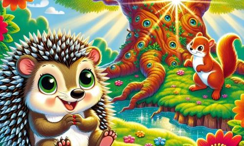 A little hedgehog named Hazel, with shiny quills tipped in silver, looks on with round, curious eyes, her face expressing joyful determination. She is sitting on a carpet of green moss, surrounded by vibrant, colorful flowers. Next to her, a mischievous squirrel named Pip, with a bushy tail and sparkling eyes, stands on his hind legs, ready to join her on the adventure. In the background, a tall ancient tree with gnarled branches rises, its leaves dancing in the wind, while a shimmering stream sparkles under the sun, creating a magical atmosphere. The scene captures the moment when Hazel and Pip discover the colorful leaf map, ready to guide them on their quest for the Moonstone, filled with excitement and mystery.