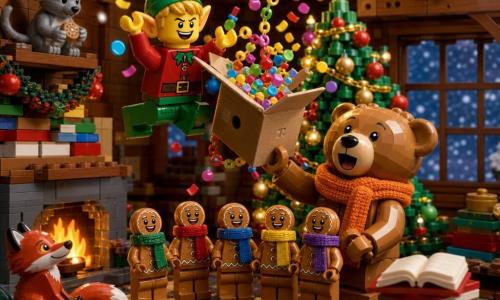 Ondeugende kabouter (kleine elf) met rond gezicht, ondeugende ogen, grote puntoren, groene muts en rode mantel, springt en strooit confetti en kleurrijke slingers uit een open kartonnen doos; Beer Bram, grote teddybeer in LEGO-stijl met dikke gebreide oranje sjaal, verbaasde en blije uitdrukking, houdt de omgevallen doos vast; vijf kleine peperkoekmannetjes (mini-LEGO) met sjaaltjes vormen een vrolijke rij bij de kerstboom; een klein grijs muisfiguurtje op een plank, verlegen maar glimlachend met een koekje; een vosfiguurtje op een kussen, geamuseerd; een oude ronde uil met bril op de balk, vriendelijke blik; interieur van een miniatuur houten chalet met versierde kerstboom (rode en gouden ballen, lichtslingers), stapels kleurrijke boeken, patroonkleed, haard met zachte vlam en raam met sneeuwvlokken; hoofdscène: verrassing en feest, vliegende confetti, zingende ogende boeken, warme verlichting en gezellige, blije sfeer; visuele stijl: nette LEGO-diorama, felle kleuren, glanzende plastic texturen, warm licht en zachte contrasten, compositie gecentreerd op de kabouter en de doos.