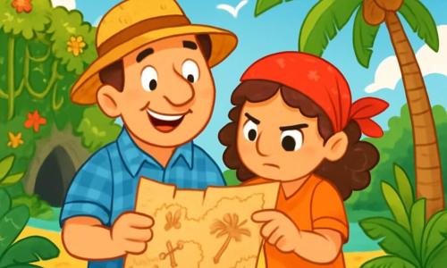 Un uomo, il dottor Tommaso, è in piedi su una spiaggia dorata, con gli occhi brillanti di eccitazione e un ampio sorriso sul volto. Indossa una camicia a quadri blu e un cappello di paglia, tenendo una vecchia mappa tra le mani. Accanto a lui, la sua migliore amica Giada, una ragazza di 8 anni con capelli ricci e un bandana rosso, esamina attentamente la mappa, con un'aria determinata. Sullo sfondo, la giungla fitta e verde si estende, con liane pendenti e fiori colorati, mentre una grotta misteriosa si profila all'orizzonte. La scena principale mostra Tommaso e Giada pronti a esplorare l'isola, circondati da palme e conchiglie, con un cielo blu splendente e uccelli colorati che volano sopra di loro.