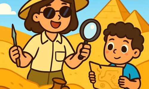 Una arqueóloga llamada Sofía está de pie en medio de un desierto dorado, con una gran sonrisa de emoción en su rostro. Lleva un sombrero de paja amplio, una blusa beige y gafas de sol, mientras sostiene una brocheta en una mano y una lupa en la otra. A su lado, un niño de 8 años, su asistente, tiene el cabello rizado y lleva una camiseta azul con un short caqui. Observa atentamente un mapa antiguo, con los ojos brillantes de curiosidad. Al fondo, se alzan majestuosas pirámides de piedras doradas, bajo un cielo azul brillante con algunas nubes blancas. Sofía está descubriendo un antiguo artefacto enterrado en la arena, rodeada de dunas ondulantes que brillan bajo el sol.
