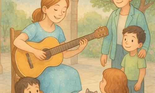 Clara (mujer joven, ~20 años): feliz y serena, pelo castaño claro recogido en coleta baja, vestido azul pálido de flores, sentada en una silla de madera tocando suavemente una guitarra acústica brillante, mirada amable y sonrisa dulce; Lucas (niño ~8 años): sorprendido pero tranquilo, pelo corto castaño, camiseta amarilla, sentado al frente a la izquierda con las manos cerca de las orejas; Pilar (profesora ~35 años): sonriente y orgullosa, pelo gris platino en moño, chaqueta menta, de pie a la derecha junto a un gran roble con la mano en el hombro de un niño; Rayas: pequeño gato gris y blanco sobre la funda de guitarra abierta en el suelo, pata levantada; lugar: patio escolar de piedra con suelo de losas claras, grandes arcos a un jardín florido, guirnaldas colgadas, lluvia ligera en el tejado y luz cálida de tarde; escena: Clara toca una melodía baja y apacible mientras los niños la escuchan en círculo, manos levantadas en lugar de aplausos, atmósfera tierna y protectora; estética: paleta pastel (azules, verdes salvia, amarillos suaves, toques de rosa) y textura tipo acuarela con finos contornos y reflejos en la guitarra.