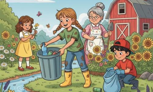 Niña de unos 10 años, alegre y decidida, trenzas castaño claro, camiseta verde manchada de tierra, vaqueros cortos y botas de goma amarillas, sostiene un cubo grande de plástico y recoge una botella junto al arroyo; una abuela de ~65 años, sonrisa dulce, cabello gris recogido, delantal floral, sostiene una pala de madera y señala dónde depositar los desechos, junto a un macizo de flores; Pedro, niño ~10 años, pelo negro corto y gorra roja, con guantes azules abre una bolsa de basura mientras recoge latas agachado a la derecha; Ana, niña ~9–10 años, pelo castaño rizado y vestido amarillo, recoge una flor con asombro a la izquierda junto a margaritas; lugar: arroyo claro entre rocas musgosas, orillas con hierbas altas y jardín de girasoles, lavandas y margaritas, granero rojo al fondo bajo cielo azul con nubes; acción: los niños limpian el arroyo y plantan flores, gestos dinámicos (recoger, llenar bolsas, plantar), plásticos presentes pero la naturaleza vuelve con mariposas coloridas; estilo: colores vivos, contornos nítidos tipo dibujo animado de los 90, expresiones exageradas y ambiente optimista y luminoso.