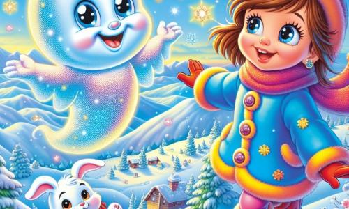 Un fantasma amichevole di nome Gino fluttua nell'aria, con un corpo traslucido e scintillante, gli occhi pieni di gioia e un grande sorriso caloroso. Fa delle pirouette nella neve, circondato da fiocchi di neve che danzano intorno a lui. Accanto a lui c'è Lila, una bambina di 8 anni con capelli castani e occhi curiosi, che indossa un cappotto blu acceso e stivali rossi, guardando Gino con meraviglia, le braccia aperte come se volesse prenderlo. Un coniglietto bianco di nome Fufu, con grandi orecchie e occhi rosa, salta gioiosamente vicino a Lila, le zampette che affondano nella neve. La scena si svolge sulla cima di una montagna innevata, dove la neve brilla sotto il sole, creando un paesaggio incantato con cristalli scintillanti e alberi coperti di brina. Lila e Gino celebrano la scoperta della magia della montagna, circondati da fiocchi di neve che vorticano intorno a loro, mentre Fufu salta di gioia, creando un'atmosfera di felicità e meraviglia.