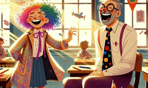 Lilla, una giovane con capelli ricci e colorati come un arcobaleno, indossa un mantello scintillante e ha un grande sorriso sul volto. Sta facendo il solletico in un'aula luminosa, circondata da risate. Il direttore, un uomo di mezza età con una cravatta a pois e occhiali rotondi, è seduto sulla sua sedia, ridendo a crepapelle, le braccia alzate. Sembra sorpreso e divertito dal potere comico di Lilla. L'aula è decorata con poster colorati di supereroi, con banchi in legno e finestre che lasciano entrare il sole. Matite e libri sono sparsi sui tavoli, dando vita all'ambiente. Lilla, con il suo potere di far ridere, provoca risate contagiose mentre il direttore, colto di sorpresa, cade dalla sedia in un momento di pura comicità.
