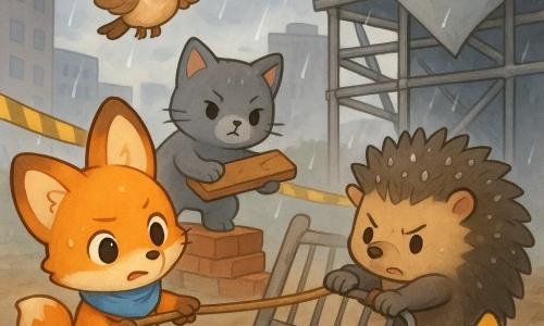 Chibi lis o rudo-jasnobrązowym futrze, dużych zaokrąglonych uszach i wyrazistych oczach, zdeterminowany i lekko zaniepokojony, z mokrym niebieskim szalikiem i błotnymi łapkami trzyma linę, by przymocować plandekę do rusztowania; obok robusty jeż (Hektor) z błyszczącymi od deszczu kolcami, skupiony, pcha przekrzywioną metalową barierę, kotka (Pusia) o jedwabistej szarej sierści stoi na stosie cegieł, trzyma zgnieciony karton i podkłada deskę, a mały wróbelek (Wróbelek) z jasnobrązowym upierzeniem leci nad sceną i wskazuje dziobem uciekającego psa; miejsce: błotnisty plac budowy między kamienicami z kałużami, żółtą taśmą ostrzegawczą, przewróconymi wiadrami i stalowym rusztowaniem z trzepoczącą szarą plandeką, niebo ciężkie od ciemnych chmur; sytuacja: mała ekipa bohaterów zabezpiecza plac budowy w deszczu, szybkie skoordynowane ruchy, napięcie przeobrażone we współpracę, błyszczące krople i rozbryzgi.