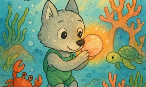 Anthropomorphic child wolf with light gray fur and white patches, big curious eyes and a calm, amazed expression, wearing a small green wetsuit and floating in the foreground holding a shiny shell to his ear; a round, smooth jewel-like shell with a pearly peach-pink surface emits a warm, sparkling glow like a whispering friend; a small slender silver fish with shimmering scales swims just behind leaving a trail of silver bubbles; a red-shelled crab stuck on a rock to the left among seaweed raises a claw but looks relieved and grateful; a sea turtle with a soft green-brown shell and wise, tranquil eyes floats near the coral gateway in the background; colorful underwater setting with two pink-orange coral towers forming a gate, a ribbon of green seagrass, golden sunbeams, schools of tiny fish like confetti and rising translucent bubbles; main scene: the wolf has reached the coral gateway as the shell begins to glow, casting soft light on the corals and animals' faces in a serene, magical moment centered on the meeting of the wolf, the glowing shell and the coral gate.