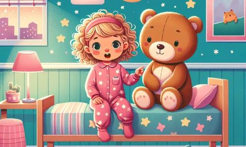 In een warme kamer zit Lotte, een tweejarig meisje met krullend blond haar, in een roze pyjama met sterren op haar bed. Ze heeft een bezorgde blik op haar gezicht en haar benen gekruist. Naast haar zit Max, een grote bruine knuffelbeer, met een geruststellende glimlach en glinsterende ogen. Hij zit tegenover haar, met zijn voorpoten op het bed, klaar om te zingen. De kamer is versierd met pastelwanden en posters van wolken en glinsterende sterren. Een zachte gloed komt van een nachtlampje in de vorm van een maan, dat zachte schaduwen op de muren werpt. Op het nachtkastje ligt een open verhaalboek en kleurrijke speelgoedjes liggen verspreid over de vloer. Lotte en Max zingen samen een zacht liedje om de angst voor het donker te verdrijven. Lotte glimlacht nu, terwijl Max haar aanmoedigt met zijn warme aanwezigheid. De sfeer is rustgevend, vol magie en tederheid, en laat zien dat vriendschap de angst kan overwinnen.