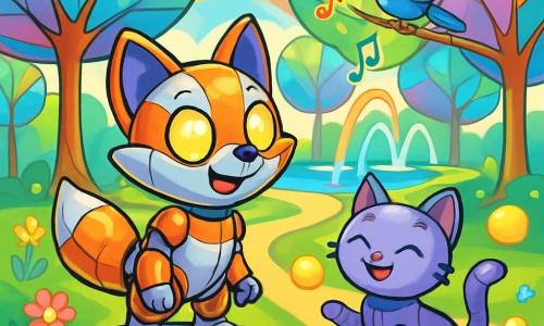 Ein kleiner Robo-Fuchs namens Lumos, mit glänzendem, metallischem Fell in Orange und Silber, zeigt große Neugier mit seinen leuchtenden, funkelnden Augen. Er steht auf einer schwebenden Plattform und schaut fasziniert auf einen futuristischen Park, in dem die aus buntem Glas gefertigten Bäume vibrieren und musikalische Töne erzeugen. In der Nähe spielt eine kleine Robo-Katze mit weichem, lila Fell fröhlich mit leuchtenden Bällen, ihr Gesicht strahlt vor Glück. Ein Robo-Vogel mit schimmerndem Gefieder fliegt über die Szene und singt eine fröhliche Melodie, während er auf einem musikalischen Ast landet. Der Ort ist ein futuristischer Park, gefüllt mit Bäumen aus Glas, die in der Sonne glänzen, und lumineszenten Blumen, die im Wind tanzen, während leuchtende Wege zu Springbrunnen führen, die Regenbögen projizieren. Die Hauptsituation zeigt Lumos, der fasziniert diesen verzauberten Park entdeckt, während die Robo-Katze mit den Lichtern spielt und eine fröhliche, magische Atmosphäre schafft.