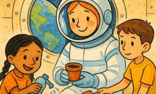 Una donna astronauta sorridente, occhi brillanti, casco trasparente, tuta bianca con strisce azzurro cielo, tiene delicatamente un vasetto con semi; un ragazzo (Tom, circa 9 anni) capelli castani corti, sguardo curioso, porge una paletta di plastica verso di lei, in piedi a destra; una ragazza (Mei, circa 8 anni) con trecce nere e occhi ridenti annaffia il vasetto con una piccola bottiglia d'acqua, seduta a sinistra; interno: cabina spaziale rotonda con pareti metalliche color crema, pannelli con bulloni visibili e un ampio oblò che mostra la Terra blu e verde sullo sfondo; scena: i tre piantano un seme nel vasetto con gesti lenti e accurati, volti calmi e complici, luce morbida dall'oblò; colori vivaci, linee semplici e forme arrotondate, texture d'inchiostro visibili, atmosfera sicura e tenera.