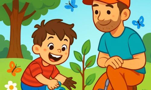 Ein 6-jähriger Junge mit zerzausten braunen Haaren und einem breiten, fröhlichen Lächeln pflanzt einen kleinen Baum in einem grünen Park. Er trägt ein rotgestreiftes T-Shirt und eine blaue Shorts, und seine Hände sind voller Erde, was seine Begeisterung für die Natur zeigt. Neben ihm steht sein Papa, ein etwa 30-jähriger Mann mit einem leichten Bart und einer Mütze, der mit einem stolzen Blick eine kleine Schaufel hält und ihn ermutigt. Sie befinden sich in der Nähe eines großen Baumes mit üppigem Laub, umgeben von bunten Blumen und fliegenden Schmetterlingen. Die Szene spielt sich in einem sonnigen Park mit klarem blauen Himmel und flauschigen weißen Wolken ab. Der Junge ist konzentriert und glücklich, während er den jungen Baum mit einer kleinen Gießkanne bewässert, was sein Engagement für den Umweltschutz zeigt.