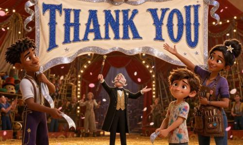 A radiant, emotional 12-year-old boy Milo (bright eyes, shy smile), short tousled brown hair, paint-splattered t-shirt, holds the lower right corner of a large white sign reading THANK YOU in sparkling blue letters; behind him to the right stands Lila, about 28, calm and smiling, hair clipped with a star, makeup apron full of brushes, raising a hand in encouragement; to the left a confident, amused 18-year-old Jun in loose pants and juggler’s shoes holds the lower left corner, leaning toward Milo supportively; at center rear on the ring stands Mr. Bristle, about 50, elegant and proud with a waxed mustache, black suit and cane, lifting his cane to the audience; a small comedic pigeon, Count Pecks-a-Lot, with a purple bow tie, hovers above the sign with wings spread and a dramatic expression. The scene is inside a bright circus tent with red-and-white stripes, warm spotlights casting golden beams, backstage camaraderie visible (hats, props, nets, ropes) and a wood ring dusted with golden sawdust; the giant THANK YOU sign rises slowly above the tunnel entrance in blue letters with a silver ribbon, pink and white petals drift down, creating a joyful, supportive atmosphere of relief and pride.