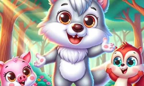 Um lobo de pelagem suave e prateada, com grandes olhos brilhantes e um sorriso caloroso, está no centro da cena, mostrando uma expressão de alegria e amizade. Ao seu lado, um pequeno porquinho rosa com bochechas redondas e olhos brilhantes, pulando de felicidade, e uma linda raposa de pelos ruivos, com uma cauda em leque, aplaudindo com entusiasmo. A cena ocorre em uma floresta encantada, onde árvores majestosas com folhas verdes vibrantes se erguem em direção ao céu, e flores coloridas cobrem o chão, criando um tapete de cores vivas. Raios de sol filtram através dos galhos, iluminando os rostos dos personagens. Nesta ilustração, o lobo e seus amigos celebram sua nova amizade, cercados pela beleza da natureza, com risadas e sorrisos radiantes, simbolizando a magia da camaradagem e da bondade.