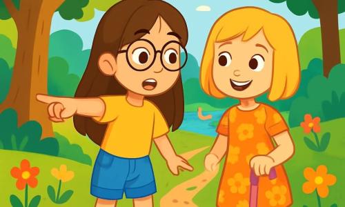 Há 2 personagens principais: - Lara: uma menina de 8 anos, com longos cabelos castanhos e óculos redondos. Ela usa uma camiseta amarela viva e um short de jeans. Ela está apontando para a trilha misteriosa. - Sofia: uma menina de 8 anos, com cabelos loiros cortados em um bob e um sorriso radiante. Ela usa uma bengala cor-de-rosa para ajudá-la a andar e veste um vestido florido. Ela está ao lado de Lara, olhando a trilha com curiosidade. O cenário é um parque verde, cheio de grandes árvores com folhas luxuriantes, flores coloridas que dançam ao vento e um pequeno lago onde patos nadam tranquilamente. A luz do sol filtra através das ramas, criando sombras dançantes no chão. A situação principal mostra Lara e Sofia, intrigadas, diante de uma trilha estreita coberta de folhas, com expressões de excitação e um toque de mistério em seus rostos. Elas estão prontas para se aventurar no desconhecido, cercadas pela beleza natural do parque.
