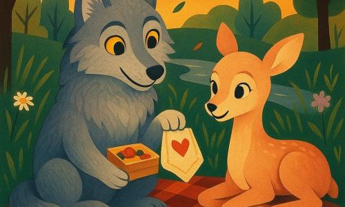 Um pequeno lobo (personagem principal) de pelagem cinza-pérola, macia e lanosa, olhos amarelos luminosos como lanternas, expressão calorosa e tímida, sentado sobre uma manta xadrez, segurando uma pequena caixa de bolo de frutas e mostrando um xale bordado com um coração; uma pequena corça (personagem secundário) de traços delicados, pelagem bege-rosada, olhos grandes e meigos, sorriso surpreso e emocionado, sentada em frente ao lobo na mesma manta, olhando o xale sobre os joelhos; à volta, uma pradaria de ervas altas e verdes salpicada de margaridas brancas e pequenas flores roxas, com luz alaranjada do pôr do sol; ao fundo, silhuetas estilizadas de carvalhos e um ribeiro prateado cintilante, pétalas e folhas levadas por uma brisa; cena principal: um piquenique íntimo de gratidão ao crepúsculo, atmosfera doce e benevolente, composições geométricas e cores contrastantes típicas do art déco, texturas visíveis no xale, no bolo e na pelagem.