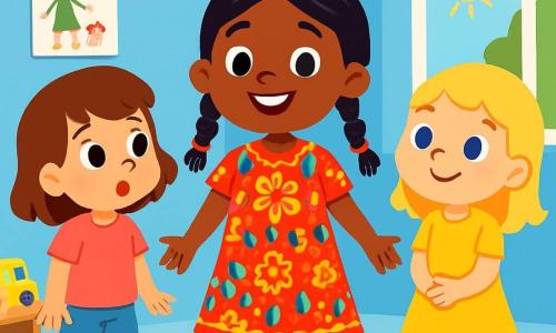 Er zijn 3 personages: - Noor: een 4-jarig meisje met bruin haar en sprankelende ogen, in een roze t-shirt en een spijkershort. Ze staat naast haar vriendinnen en kijkt nieuwsgierig naar Aisha. - Aisha: een 4-jarig meisje van Marokkaanse afkomst, met lange zwarte vlechten in kleine staartjes, in een prachtige gekleurde jurk met bloemenpatronen. Ze glimlacht vrolijk en staat in het midden van de afbeelding. - Suus: een 4-jarig meisje met blond haar en blauwe ogen, in een gele jurk. Ze staat iets op de achtergrond en kijkt Aisha bewonderend aan. De situatie speelt zich af in een heldere klaslokaal met lichtblauwe muren. Er hangen kindertekeningen aan de muren en kleurrijke speelgoed ligt verspreid over de vloer. Een groot raam laat zonlicht binnen, dat de ruimte verlicht. De hoofdscene toont Aisha, trots in haar gekleurde jurk, terwijl Noor en Suus haar met nieuwsgierige en bewonderende gezichten bekijken. Noor vraagt zich af waarom Aisha zo'n jurk draagt, en Suus glimlacht, gefascineerd door de schoonheid van de outfit. De sfeer is vrolijk en vriendschappelijk, wat het belang van tolerantie en acceptatie van verschillen illustreert.