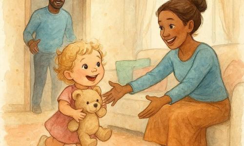 Een 2-jarig meisje met korte blonde krulletjes, ronde gezichtje en roze wangen kijkt blij met brede glimlach en klampt een beige knuffelbeer vast; de moeder (±30) zit op een lage crèmekleurige bank, haar in een knot, armen wijd om het kind te ontvangen, tedere glimlach en beschermende blik; de vader (±32) staat in de deuropening achter de bank, handen licht geheven, vrolijk gezicht en lichte baard kijkend naar hen; warme woonkamer met lichte houten vloer, perzikkleurig groot vloerkleed, pastelkussens, zachte ochtendlicht door een groot raam met lichte witte gordijnen, omgegooide speelgoeddoos en pantoffelsporen; hoofdscène: het meisje rent naar haar moeder voor een grote knuffel met haar beer, de moeder ontvangt dit teder en de vader glimlacht; gecentreerde compositie, pasteltinten, zachte texturen en aquarelachtige accenten.