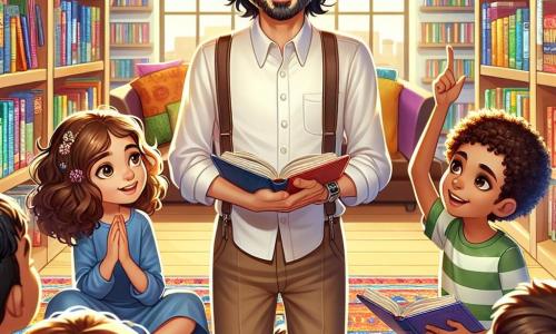 Un hombre, el Sr. Alejandro, está en el centro de una biblioteca acogedora, rodeado de libros coloridos. Tiene cabello castaño ligeramente canoso, gafas redondas y una sonrisa benevolente que ilumina su rostro. Habla con pasión, gesticulando ligeramente con una mano, mientras sostiene un libro abierto con la otra. A su derecha, una niña de diez años llamada Valentina, con cabello rizado y ojos brillantes, lo escucha atentamente, con las manos en las rodillas. A su izquierda, un niño de doce años, Lucas, con cabello castaño desordenado y una mirada curiosa, levanta la mano para hacer una pregunta, mostrando una expresión de entusiasmo. La escena se desarrolla en una biblioteca luminosa, con estanterías llenas de libros de cubiertas coloridas, rayos de sol filtrándose a través de grandes ventanas, iluminando los rostros de los niños y creando una atmósfera acogedora e inspiradora. El Sr. Alejandro comparte historias sobre la paz y la resolución de conflictos, cautivando la atención de los niños, que están sentados en círculo a su alrededor, listos para aprender y participar en un diálogo sobre la importancia de la comprensión y la empatía.