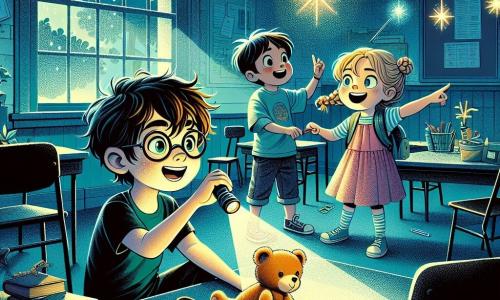 In the center of the image, Sam, a 7-year-old boy with messy brown hair and round glasses, holds a small flashlight, illuminating a teddy bear beside him. To his left, Mia, a 6-year-old girl with braided blonde hair and a pink dress, smiles as she looks at the bright stars projected on the ceiling. On the right, Ben, a 7-year-old boy with black hair and a blue t-shirt, points at an open book on the floor, intrigued by its contents. The setting is a dark classroom with light blue walls and fluorescent stars stuck to the ceiling, creating a magical atmosphere. Chairs and tables are visible in the background, and a large window reveals a starry night sky. The scene shows the three children playing together in the dark, laughing and having fun creating shadows with their hands, turning their fear of the dark into a joyful and bright adventure.