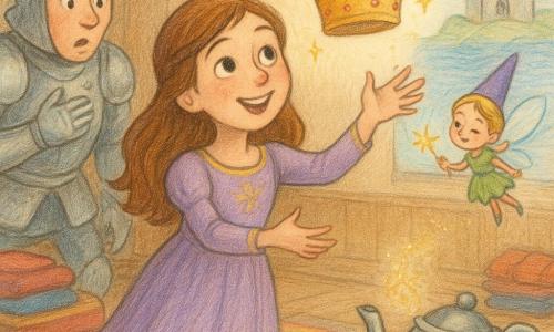 A young princess (about 10) stands center, smiling with sparkling eyes and rosy cheeks, reaching out to catch a glittering crown flying toward her; Fizzlebell the tiny fairy (apple-sized) hovers by the princess's right shoulder with translucent wings, a thimble hat, a mischievous blink and a tiny wand; Sir Shinyhelm (about 35) stands left in the background in slightly dented armor, hand to his chest, leaning toward the princess; a cheeky teapot on the floor to the right, smiling with silver gleams and a slightly lifted lid, emits a puff of sparkles and the crown; the scene is a polished wood rehearsal hall with colorful rugs, stacks of red and blue capes, a small confused orange pumpkin and a cardboard backdrop of sea and castle; the bright, humorous moment shows the crown spiraling from the teapot as the princess gently catches it, the fairy applauding in flight and the knight looking astonished, warm pastel colors and visible crayon textures.