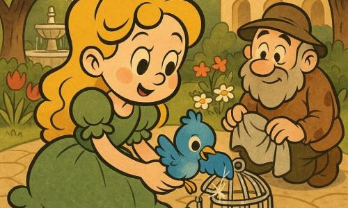Princess with a round, gentle face and long blonde curls in a green ruffled dress, crouching and tenderly holding a small cage of silver threads; a small bright blue bird with fluffy feathers and shining round eyes perches shyly on her hand as its wing is partially freed; an elderly gardener with a gray mosslike beard and a dirty brown smock kneels behind her, holding a scrap of silver fabric and watching kindly; palace garden with cobbled stone ground, colorful flowerbeds, a stone fountain and broad-leaved trees in soft late-afternoon light; peaceful scene of the princess gently freeing the bird from the silver-thread cage, slow careful movements and tiny sparks as the thread loosens.