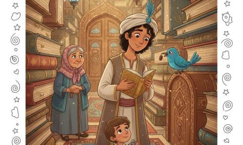 A young man (18–22), oval face, caramel skin, wavy black hair in a light turban, stands smiling gently, holding a small golden book open to his chest; an elderly woman (~60) with gray braided hair under an embroidered scarf and a kind smile stands left, leaning on a carved cane as if she showed him the way; a small vivid blue bird perches on a stack of giant books to his right, tilting its head and offering a date in its beak toward the man; a little boy (~6) with short hair plays near the threshold holding a gray mouse and watches the man in admiration; the setting is a labyrinth of giant books as walls and corridors, Persian-patterned rugs, colored glass lanterns, gold dust sparkling in the air, and a large carved wooden door with cloud and star motifs in the background; the main scene: the man shares a story and a gesture of sharing—he extends the golden book toward the bird and boy as warm beams of light create a magical, welcoming atmosphere in warm ochre, sapphire blue, and ruby red.