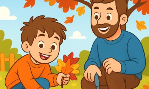 Een 10-jarig jongen, Timo, met rommelig kastanjebruin haar en nieuwsgierige ogen, zit in een herfsttuin. Hij draagt een feloranje trui en groene rubberen laarzen, en zijn gezicht straalt intense vreugde uit terwijl hij gekleurde bladeren verzamelt. Naast hem staat zijn vader, een man van ongeveer 35 jaar met een bruine baard en een warme glimlach, die een kleine schep vasthoudt en trots naar Timo kijkt. Ze bevinden zich in een tuin vol rode, gele en gouden bladeren, met een grote eik op de achtergrond, waarvan de takken vol herfstkleuren hangen. De scène straalt een vrolijke en warme sfeer uit, en toont het moment waarop Timo de schoonheid van de herfst ontdekt door bladeren voor zijn verzameling te verzamelen.