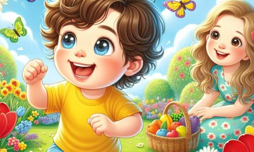 Un niño de 2 años, Lucas, con cabello castaño y rizado, sonríe mientras corre alegremente en un parque primaveral. Lleva una camiseta amarilla brillante y un pantalón corto azul, y sus ojos brillan de emoción al acercarse a un grupo de flores coloridas. Su mamá, una mujer de unos 30 años con cabello largo y rubio, está sentada en un banco cercano, mirándolo con ternura. Ella lleva un vestido ligero con flores y sostiene una canasta llena de frutas. El parque está lleno de flores vibrantes: tulipanes rojos, margaritas blancas y narcisos amarillos, mientras mariposas danzan a su alrededor bajo un cielo azul claro con nubes blancas esponjosas. En esta escena, Lucas se maravilla ante las flores, extendiendo la mano para tocar los suaves pétalos, mientras mariposas coloridas vuelan a su alrededor, añadiendo un toque mágico a este momento primaveral.