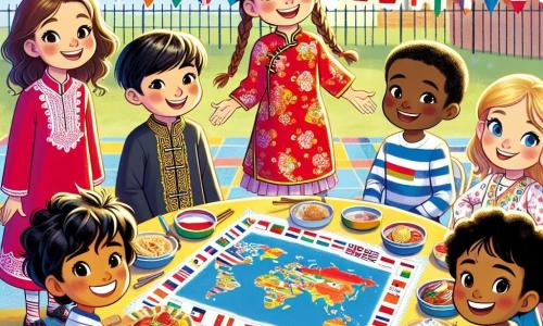 In een zonnige schoolyard verzamelen vijf vrienden zich rond een grote tafel versierd met kleurrijke vlaggen uit de hele wereld. Amir, een 10-jarig Marokkaans jongen, heeft een olijfkleurige huid en krullend bruin haar. Hij draagt een traditionele Marokkaanse shirt en glimlacht terwijl hij een typisch gerecht toont. Mei, een 9-jarig Chinees meisje, heeft een lichte huid en lange, gevlochten zwarte haren. Ze draagt een mooie rode qipao en toont trots Chinese kalligrafieën. Sophie, een 10-jarig meisje met blond haar en blauwe ogen, draagt een t-shirt met Europese motieven en houdt een kaart van Europa vast terwijl ze de verschillende talen uitlegt. Ravi, een 9-jarig Indiaas jongen, heeft een donkere huid en zwart haar. Hij draagt een kleurrijke kurta en danst vrolijk terwijl hij Indiase danspassen laat zien. Lucas, een 10-jarig jongen in een rolstoel, heeft een lichte huid en kastanjebruin haar. Hij glimlacht terwijl hij een bord over toegankelijkheid toont, omringd door zijn vrienden. De scène speelt zich af in een levendige schoolyard, versierd met bloemenguirlandes en kleurrijke ballonnen, met kinderen van verschillende afkomst die plezier hebben. De vrienden delen hun culturen tijdens de Diversiteitsdag, waarbij ieder trots een aspect van zijn erfgoed presenteert, wat een sfeer van vreugde en leren creëert.
