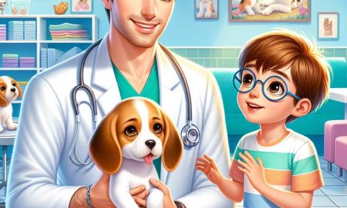 A male veterinarian, Dr. Oliver Finch, is at the center of the image, smiling warmly with excited eyes. He wears a spotless white coat, a stethoscope around his neck, and has slightly tousled brown hair. He is cuddling a small beagle puppy, whose large ears flop down on either side of its head. Next to him is Timmy, an 8-year-old boy with brown hair and round glasses, gazing at the puppy in awe. He wears a colorful t-shirt and shorts, reaching out to pet the puppy with a joyful expression. In the background, the veterinary clinic is bright and welcoming, with pastel blue walls, colorful animal posters, and a large aquarium filled with colorful fish. Pet toys are scattered on the floor, adding a playful touch to the environment. The main scene shows Dr. Finch and Timmy caring for the injured puppy, creating an atmosphere of compassion and learning, with sunlight filtering through the windows, illuminating the scene and creating a warm, friendly ambiance.
