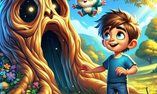 A 9-year-old boy named Leo stands at the foot of an ancient tree with a wide, gnarled trunk, his eyes shining with curiosity and wonder. He wears a blue t-shirt and denim shorts, with messy brown hair, and he gazes in fascination at a carved door in the tree trunk, ready to open it. Beside him is a small creature named Wisp, with bright blue fur and large round glasses, joyfully floating in the air. Wisp smiles, his eyes sparkling with excitement, as if eager to show Leo the magical world behind the door. The setting is a lush green meadow bathed in golden light, with colorful flowers dancing in the breeze. The majestic tree, its leaves shining like emeralds, stands at the center, creating an atmosphere of mystery and adventure. The main scene shows Leo, a mix of excitement and apprehension, ready to open the tree's door, while Wisp encourages him with a warm smile, promising extraordinary discoveries in the fantasy world that awaits them.