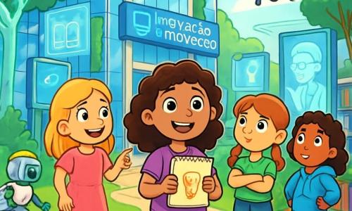 Há 4 crianças: - Maya: uma menina de 10 anos com cabelos castanhos e cacheados, vestindo uma camiseta roxa e calças jeans. Ela está em pé no centro, segurando um caderno de esboços, com os olhos brilhando de excitação. - Lia: uma menina de 10 anos com cabelos loiros e lisos, vestida com um vestido rosa e tênis brancos. Ela está à esquerda de Maya, sorrindo e apontando para um robô jardineiro que planta flores. - Zoe: uma menina de 10 anos com cabelos ruivos em tranças, vestida com uma camiseta verde e um short de denim. Ela está à direita de Maya, com os braços cruzados, observando um drone que sobrevoa a cena com curiosidade. - Júlia: uma menina de 10 anos com cabelos negros e cacheados, vestindo um moletom azul e calças pretas. Ela está um pouco atrás, com as mãos na cintura, olhando com entusiasmo para um holograma de um professor flutuando à frente delas. O local da situação principal é a Biblioteca da Inovação, uma enorme torre de vidro cintilante cercada por jardins verticais luxuriantes. Árvores tecnológicas com folhas luminosas filtram a luz do sol, enquanto hologramas flutuam ao redor, projetando imagens de livros e invenções. As paredes da biblioteca estão cobertas de telas interativas, e robôs se movem suavemente, ajudando os visitantes a encontrar livros. A situação principal da história mostra os quatro amigos participando de um jogo interativo na biblioteca, resolvendo enigmas enquanto descobrem fatos fascinantes sobre tecnologia. Elas estão cercadas por livros coloridos e telas brilhantes, com expressões de alegria e concentração em seus rostos.