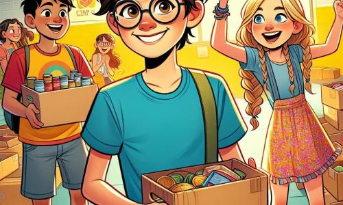 A 12-year-old boy named Adam, with messy brown hair and round glasses, stands in the center of the image, displaying a big smile of excitement and determination. He wears a bright blue t-shirt and denim shorts, holding a cardboard box filled with food, symbolizing his commitment to helping others. Next to him is a 12-year-old girl, Sarah, with long braided blonde hair, looking at Adam with admiration while also holding a box full of food. She wears a colorful floral dress and sandals, standing slightly back but ready to assist. A 12-year-old boy, Ben, with black hair and glasses, stands a bit further away, smiling and raising his arms as if encouraging his friends. He wears a red t-shirt and gray shorts, showing his enthusiasm for their project. The scene takes place in a bright school gym with yellow-painted walls and colorful posters about solidarity and mutual aid. Cardboard boxes overflowing with food are scattered around them, creating an atmosphere of camaraderie and commitment. The main situation shows Adam and his friends organizing a food drive to help those in need, surrounded by boxes of donations, with smiles on their faces, illustrating their enthusiasm and determination to make a difference in their community.