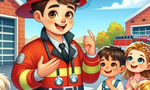 O personagem principal é um bombeiro chamado Pedro, na casa dos trinta anos, com cabelos castanhos e olhos brilhantes de alegria. Ele usa um uniforme vermelho vivo, um capacete brilhante e um grande sorriso no rosto, mostrando sua determinação e entusiasmo enquanto explica sua profissão para as crianças. Ao seu lado está Sofia, uma menina de 8 anos, com cabelos loiros trançados e óculos redondos. Ela olha para Pedro com admiração, os olhos arregalados, segurando um pequeno caderno onde anota. Um pouco mais longe, Lucas, um menino de 9 anos, com cabelos castanhos e sardas, levanta a mão sorrindo, ansioso para fazer uma pergunta. A cena acontece em frente ao quartel dos bombeiros, um prédio vermelho com uma grande porta de garagem aberta, onde se podem ver caminhões de bombeiros estacionados, ferramentas e equipamentos espalhados. O céu está azul e ensolarado, com nuvens brancas flutuantes, e crianças reunidas ao redor de Pedro, fascinadas por sua história. A situação principal mostra Pedro compartilhando sua paixão pela profissão de bombeiro com as crianças, explicando a importância da ajuda mútua e da coragem, enquanto as encoraja a sonhar grande e acreditar em si mesmas.