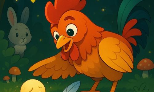 Ein Hahn namens Kuno, mutig und sanft, blickt erstaunt und zärtlich; rotes-goldenes Gefieder, kamm wie eine kleine Flamme, orange Beine, er beugt sich mit einem schützenden Flügel zum Boden; aufmerksam-gütiger Ausdruck, runde glänzende Augen, leicht offener Schnabel, hockende Haltung wie zum Flüstern. Eine kleine gefallene Stern, winzig, rund, blass und matt, mit traurigem Gesicht und schwachen Funken, liegt auf dem Moos wie eine müde Lichtkugel. Daneben eine silberne Feder, fein, glänzend mit bläulichem Metallglanz, bereit, dem Stern gegeben zu werden. Ein graues Kaninchen mit flauschigem Fell und aufrechten Ohren schaut neugierig und beruhigt aus einem Busch links, auf demselben Moospfad. Szene in einer Lichtung des Sternenwalds: dichter grüner Moosboden, Blätter wie gelb-grüne Laternen, bunte runde Pilze und schwebende Glühwürmchen. Hauptsache: der Hahn hilft dem gefallenen Stern sanft, indem er ihm die silberne Feder anbietet; sanftes Licht, warme magische Atmosphäre, Komposition zentriert auf Trio Hahn–Stern–Feder.
