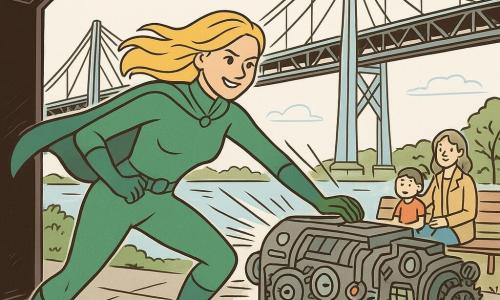 Estela Lumina, heroína de rosto determinado e sorriso, cabelos longos dourados, veste um traje verde esmeralda justo com capa curta, luvas e botas, e apoia a mão num grande painel de comando para estabilizar uma máquina ruidosa; a poucos metros, sobre a ponte de aço moderna com vãos e cabos sobre um rio prateado, um menino de ~9 anos de cabelos castanhos curtos observa surpreso e admirado segurando um avião de brinquedo; sob a ponte, uma menina de ~7 anos com cabelos em duas tranças senta-se num banco do parque segurando a mão de uma mulher adulta, que aos 30–35 anos, aliviada e de casaco leve, olha para Estela desde a margem direita; em primeiro plano um armazém escuro aberto revela engrenagens e luzes da máquina que faz tremer a ponte, linhas de ação mostram o tremor e as ondas ao redor, atmosfera heroica e reconfortante com contraste entre o interior escuro do armazém e a luz do céu azul acima.