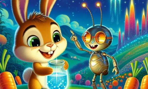 Hopsi, ein kleiner Hase mit großen Ohren und weichem, braunem Fell, steht auf einem grünen Hügel, seine Augen strahlen vor Staunen und ein großes Lächeln ziert sein Gesicht. Er hält einen funkelnden Behälter mit einer leuchtenden Flüssigkeit, bereit, die Pflanzen des geheimnisvollen Planeten Karottis zu retten. Neben ihm steht Käpt’n Glitzer, ein eleganter Astronautenkäfer mit glänzendem Panzer und futuristischen Brillen, der Hopsi bewundernd ansieht, seine Antennen vor Aufregung zucken. Der Hintergrund zeigt eine märchenhafte Landschaft von Karottis mit bunten Bergen und riesigen, leuchtenden orangen Karottenfeldern unter dem Sternenlicht. Bunte Blumen umgeben die beiden Freunde und verleihen der Umgebung einen Hauch von Magie. Die Hauptsituation zeigt Hopsi und Käpt’n Glitzer triumphierend, bereit, die kostbare Flüssigkeit auf die Pflanzen zu gießen, die um sie herum blühen, was die Verbindung zwischen den Freunden von der Erde und den Bewohnern von Karottis symbolisiert, um ihre Welt zu retten.