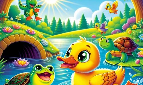 Dodo, l'anatra curiosa, è un piccolo anatra gialla brillante con un becco arancione e occhi pieni di curiosità. Nuota felicemente in uno stagno, con un grande sorriso sul volto, pronto a esplorare nuove avventure. Accanto a lui, Gigi, la rana verde con macchie nere, salta con entusiasmo su una foglia di ninfea, mentre Tina, la tartaruga con il guscio marrone e verde, osserva tranquillamente dal bordo dello stagno, con un'espressione saggia. Il luogo è un magnifico stagno circondato da alberi maestosi, con fiori colorati lungo le rive e raggi di sole che brillano sull'acqua. La scena principale mostra Dodo e i suoi amici che scoprono un misterioso tunnel vicino all'acqua, pronti a entrare insieme, pieni di eccitazione e un po' di apprensione.