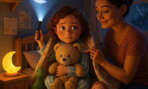 Bambina di 8 anni dal viso rotondo e lentigginoso, capelli castani ricci, occhi grandi e luminosi, espressione insieme preoccupata e coraggiosa, seduta al centro del letto in pigiama a righe azzurro chiaro, stringe un grande orsacchiotto beige al petto; la madre (circa 35 anni) con sorriso dolce e capelli raccolti è inginocchiata al bordo del letto e le posa una coperta fiorata sulle spalle; intorno a lei, a formare un piccolo triangolo protettivo, un dinosauro di peluche verde e una bambola di stoffa rosa; la lampada lunare di stoffa sul comodino emette un bagliore caldo giallo-arancio e la torcia che la bambina tiene proietta sul soffitto la sagoma di una luna e una nuvola; fuori dalla finestra una tempesta con pioggia e lampi; la stanza ha elementi infantili (libri, disegni, mensola in legno chiaro, tappeto rosa) e giochi di contrasto tra l'oscurità tenue e le piccole luci confortanti, texture morbide e palette calda di blu, rosa e giallo; la scena mostra il momento in cui la bambina inspira profondamente, stringe l'orsacchiotto e guarda la luce, decisa a calmare la paura del buio.