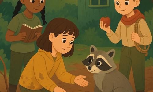 Seis personajes: cuatro niñas de unos 9 años —Aina, cabello castaño medio con flequillo, chaqueta mostaza manchada de barro, arrodillada y tendiendo la mano al mapache; Vera, con trenzas y bloc de detective, vestida kaki, observando con curiosidad; Inés, coleta castaña, lleva bufanda roja y una cuerda en el hombro, prepara provisiones; Lúa, rubia en moño con camisa a rayas, detrás del grupo sosteniendo una linterna o rama—; un mapache adulto gris y negro con la pata trasera vendada envuelta en un trozo de calcetín blanco, sentado delante de Aina; y un mapache bebé peludo asomando la cabeza desde un escondite de cartón. Escenario: claro tras arbustos verdes, caseta de jardín verde envejecida con ventana de cuadricula, suelo fangoso con hojas húmedas, tablas y grava en primer plano y cintas naranjas anudadas en ramas marcando el camino. Situación: las niñas ayudan a un mapache herido y reencuentran a su cría en una escena cálida de solidaridad con luz suave de tarde, colores vivos y texturas (barro, madera, pelaje, telas) y expresiones tiernas.