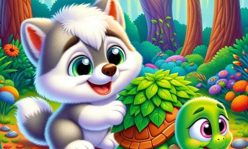 A small wolf with sparkling eyes and fur as soft as a cloud, Lumo, stands at the center of the scene with a big joyful smile on his face. He is helping a turtle named Tilly, who carries a pile of leaves on her back, her eyes shining with gratitude. Tilly, with her green shell and short legs, is to the left of Lumo, leaning slightly forward, clearly happy to receive help. In the background, an enchanted forest stretches out, with thick-trunked trees and vibrant green leaves, while colorful flowers dance in the breeze. The ground is scattered with small stones and blades of grass, creating a natural carpet. The main situation shows Lumo and Tilly gathering leaves to build a nest, illustrating a moment of sharing and camaraderie, where kindness is expressed through mutual assistance.