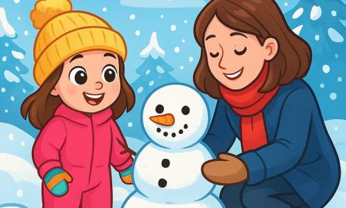 O fetiță de 6 ani, pe nume Mara, cu ochi mari și strălucitori și obraje roz, se află în mijlocul unui peisaj de iarnă. Ea poartă o salopetă de zăpadă roz aprins, o căciulă de lână galbenă și mănuși multicolore. Zâmbetul ei radiază bucurie și uimire în fața magiei iernii. Lângă ea, mama ei, o femeie de aproximativ 30 de ani, cu păr castaniu și un zâmbet cald, se apleacă pentru a o ajuta să adune fulgi de zăpadă. Ea poartă o haină albastră închisă și o eșarfă roșie, având un aer blând și protector. Decorul este o pădure fermecată acoperită cu un strat gros de zăpadă strălucitoare, cu copaci ale căror ramuri sunt încărcate de fulgi albi și un cer albastru deschis presărat cu nori pufoși. Mara și mama ei construiesc un om de zăpadă, râzând și distrându-se împreună, în timp ce fulgii de zăpadă cad ușor în jurul lor, creând o atmosferă veselă și magică.