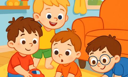 There are 4 children: Max, a 3-year-old boy with messy brown hair and sparkling eyes, wearing a red t-shirt and blue pants, sitting on a soft rug holding a small red car; Ben, a 4-year-old boy with blond hair and a big smile, wearing a yellow t-shirt and green shorts, crouching near Max ready to help him find the car; Sam, a 3-year-old boy with black hair and round glasses, wearing a blue t-shirt and striped pants, leaning under the couch with a stick to push the car; and Leo, a 2-year-old boy with brown hair and a curious face, wearing an orange t-shirt and patterned leggings, sitting next to Max with wide eyes, watching the scene in wonder. The setting is a cozy room with light blue walls and a fluffy rug, colorful toys scattered around, and soft light coming through the window, creating a welcoming and joyful atmosphere. The main situation shows Max looking a bit sad because his red car has fallen under the couch. Ben, Sam, and Leo gather around him, ready to help. Sam uses a stick to push the car while Ben encourages him with a smile, and Leo watches with bright eyes, full of enthusiasm. The atmosphere is friendly and supportive, filled with warmth and camaraderie.